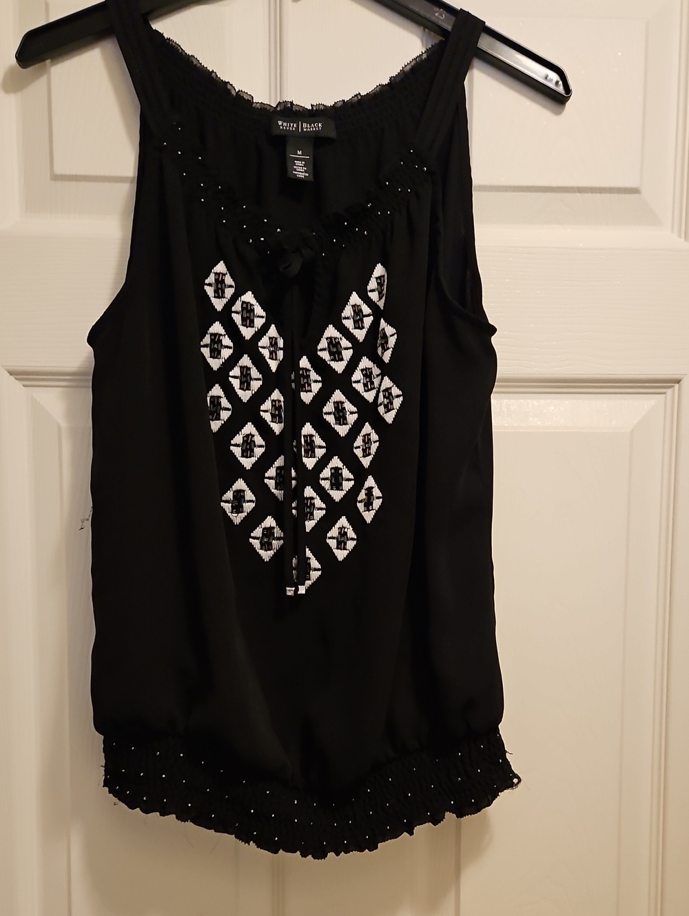 White House Black Market Black Sleeveless Embroidered Tie-Front Camisole